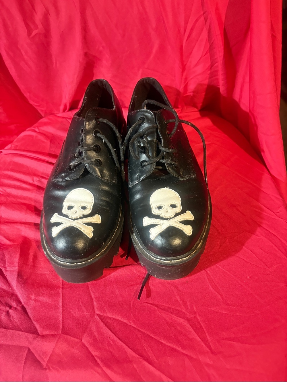 Dolls Kill Black Platform Lace-Up Shoes with White Skull Accent